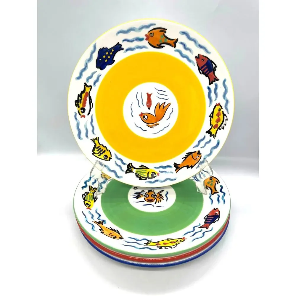 Les Tropiques by Strata Group Set of 4 Dinner Plates Hand Painted Tropical Fish